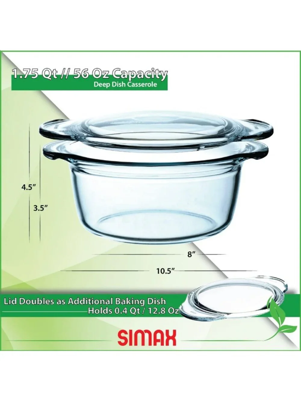 Clear Glass Casserole Dish with Lid & Handles - 1.75 Quart Oven, Microwave Safe